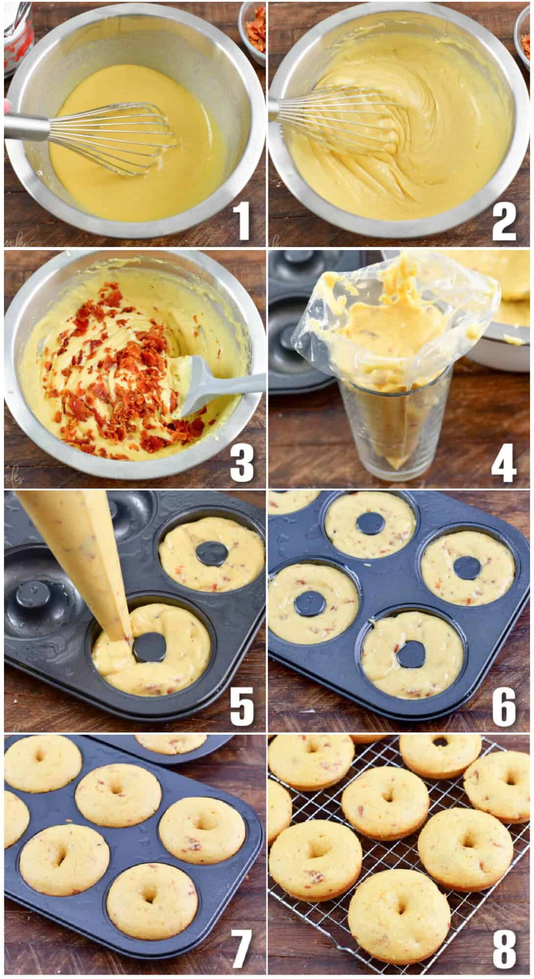collage of eight images of cooking and baking steps to make maple bacon baked donuts.