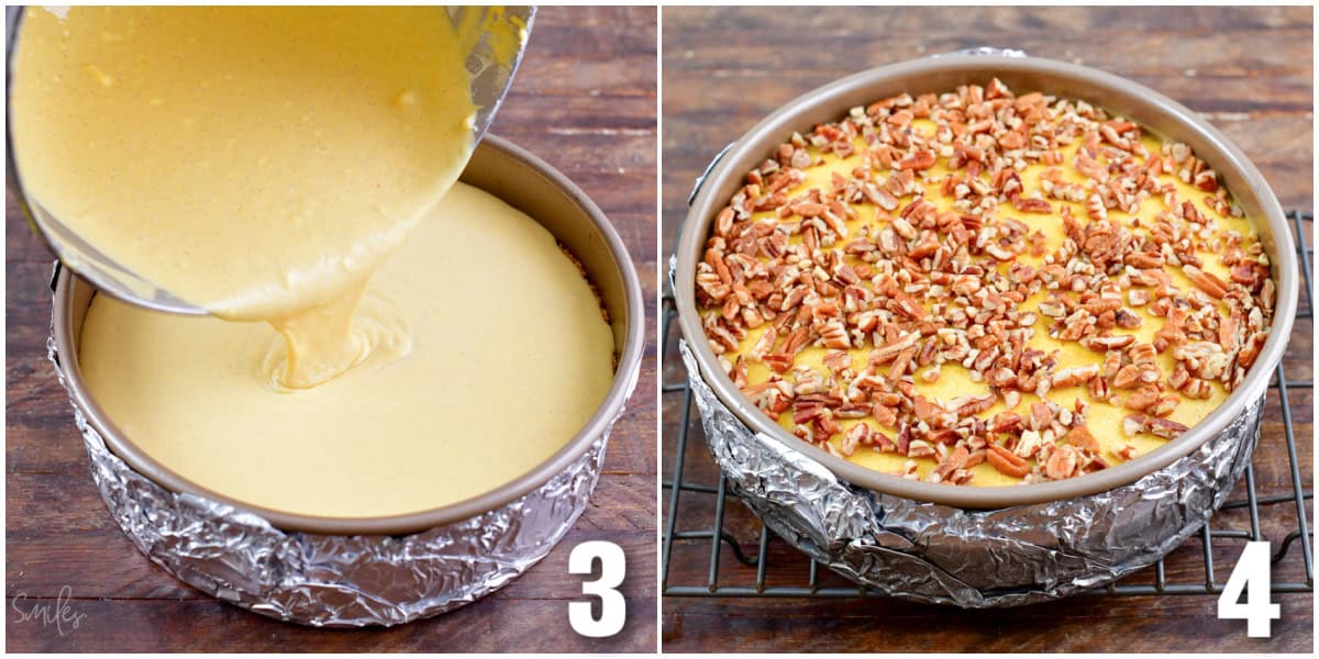 collage of two images of pouring in cheesecake batter and the baked with pecans on top.