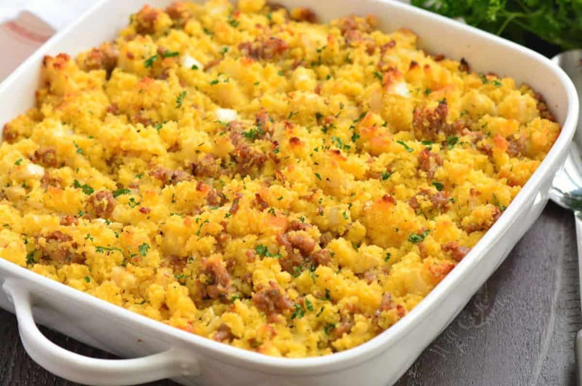 baked cornbread dressing in the baking 9x9 dish.
