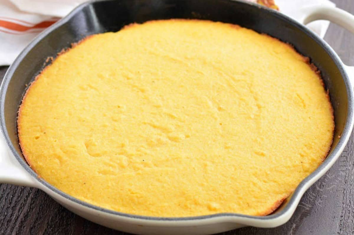baked cornbread in the cast iron skillet.