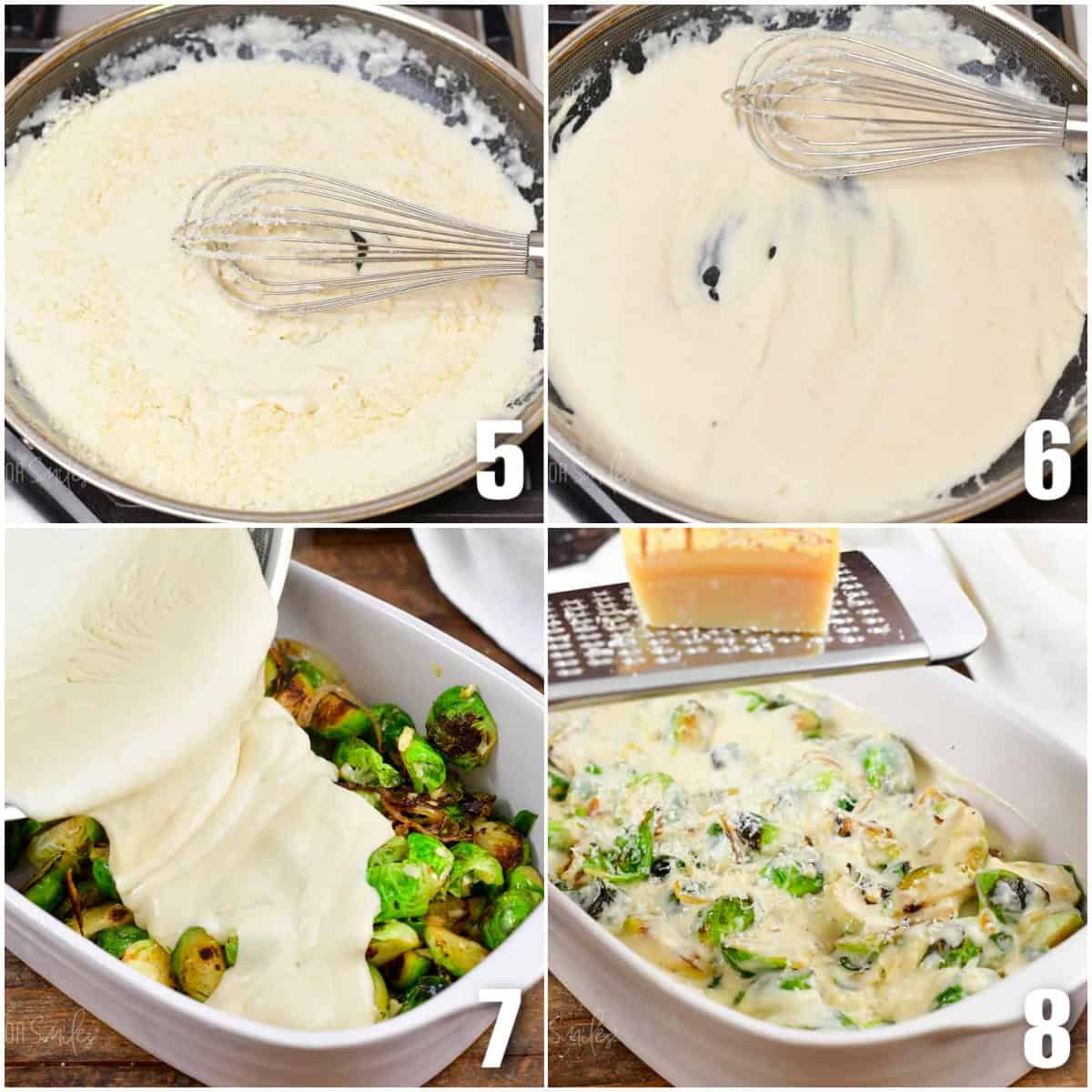 collage of four images of making parmesan sauce and mixing with sauteed brussels sprouts.