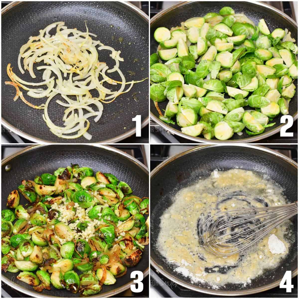 collage of four images of sautéing onions and brussels sprouts and starting the sauce.