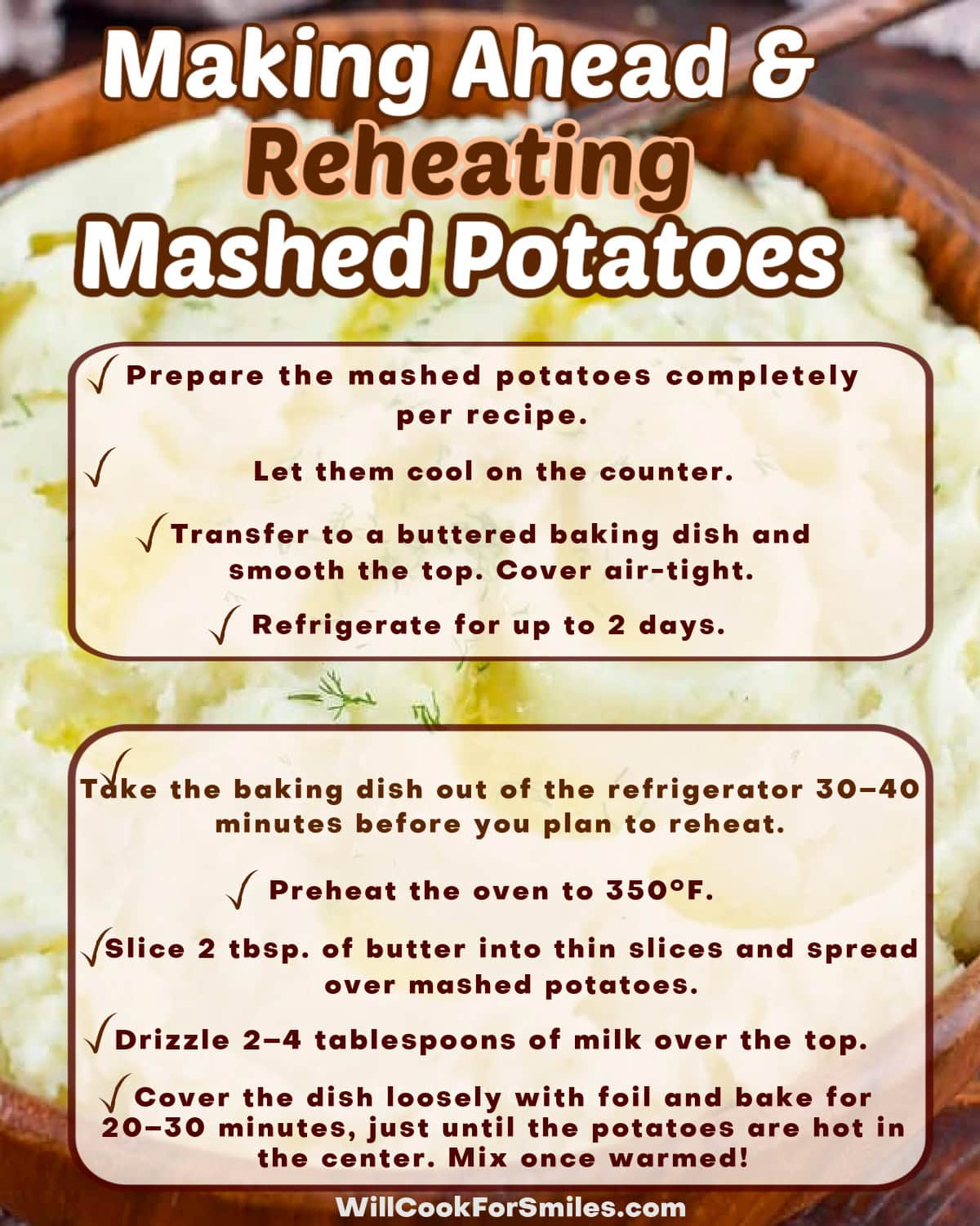 graphic of instructions to make mashed potatoes ahead of time and reheat when needed.