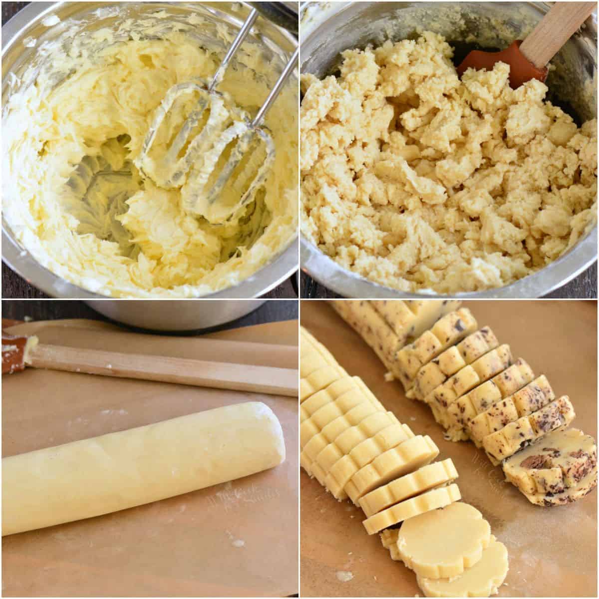 collage of four images of making the batter and cutting the shortbread roll into cookies.