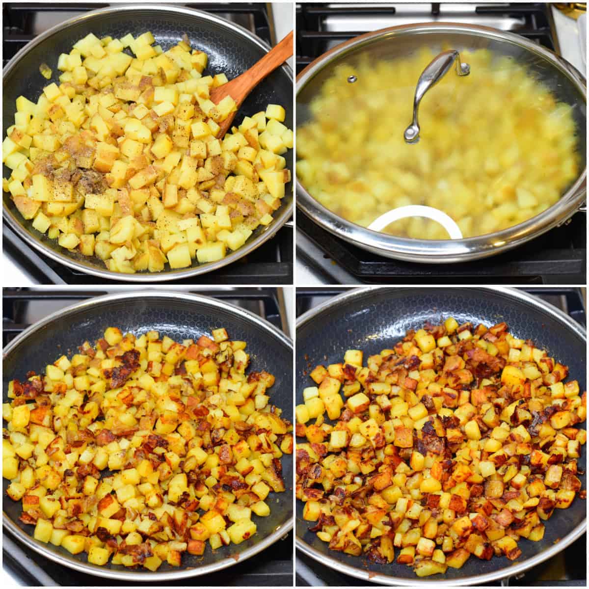 collage of four images of cooking home fries in the pan until crispy.
