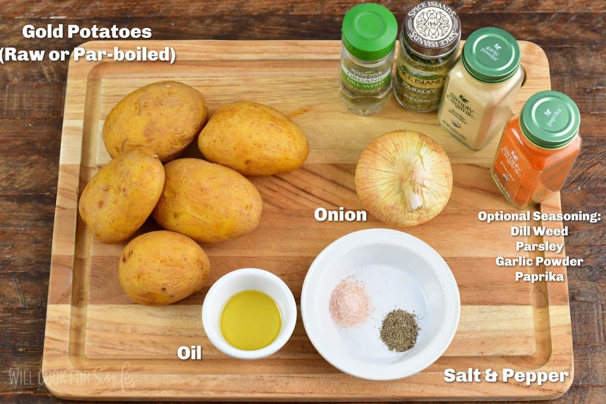 labeled ingredients to make home fries on the cutting board with seasoning options.