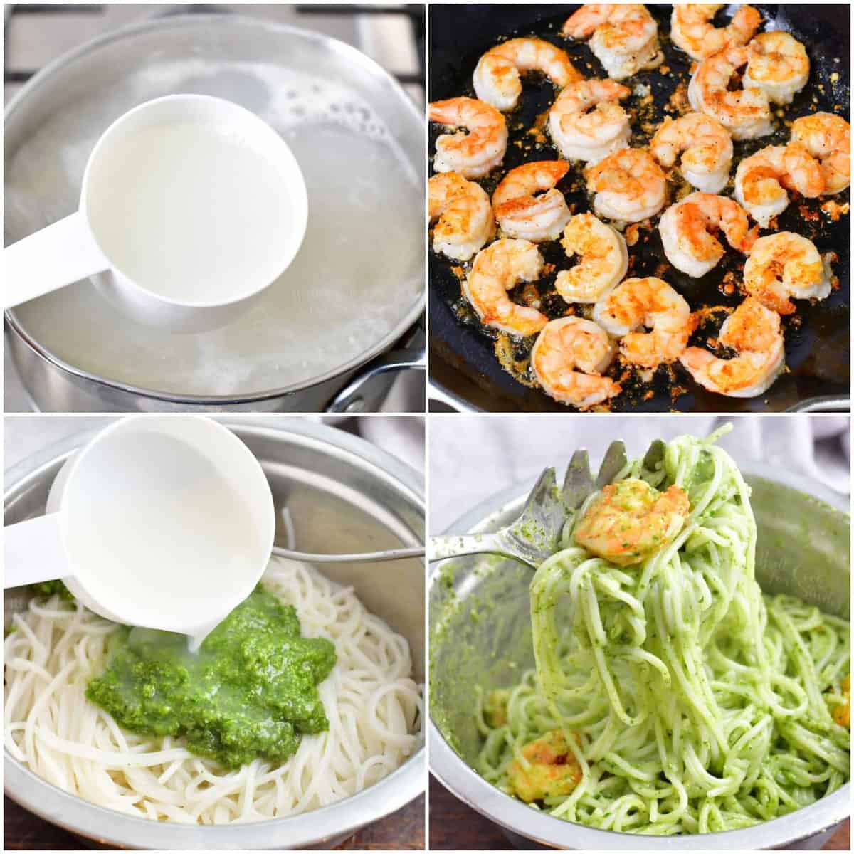 collage of four images of steps to make shrimp pesto pasta.