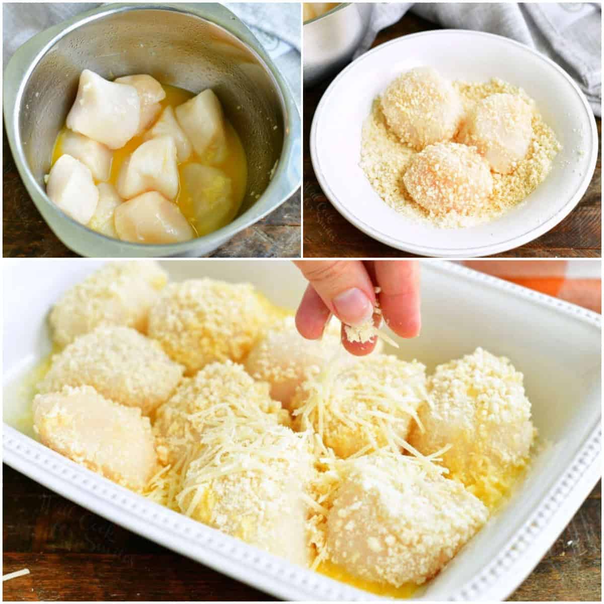 collage of three images of tossing scallops in butter then in bread crumbs then adding parmesan cheese.