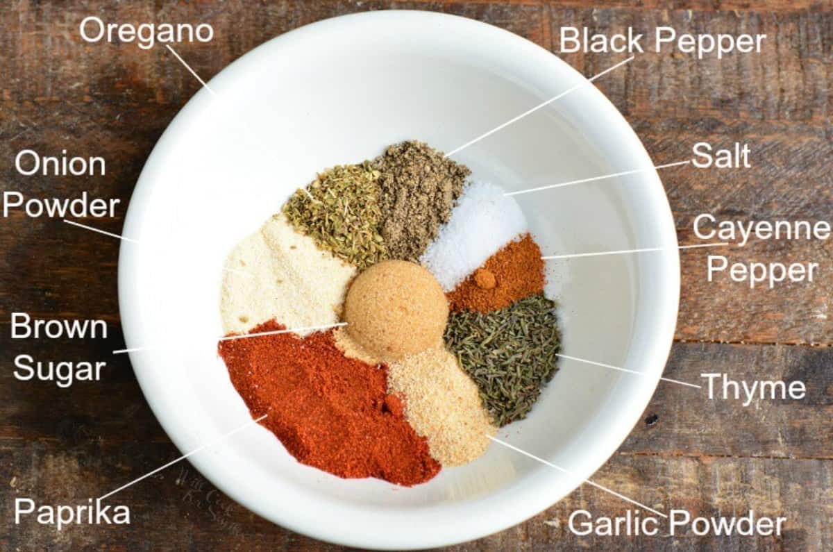 Seasoning for the Blackened tilapia seasoning labeled in a bowl.