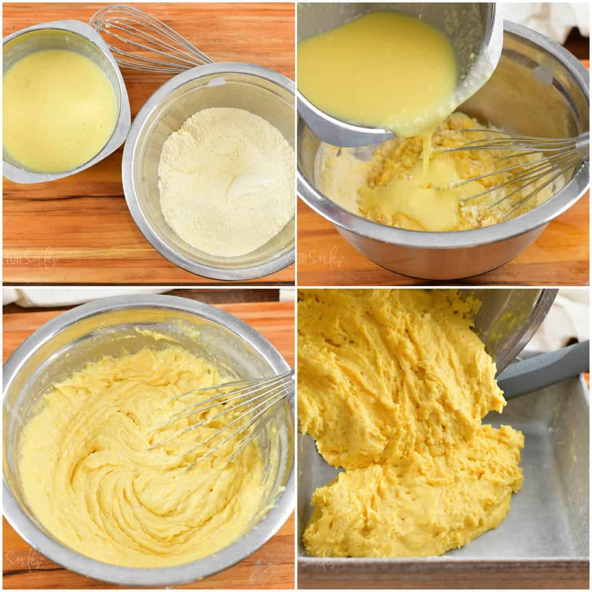 collage of four images of steps to make the buttermilk cornbread batter.