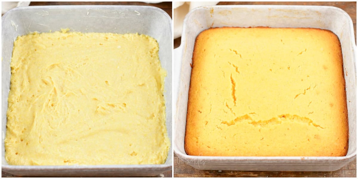 collage of two images of buttermilk cornbread before and after baking in the baking dish.