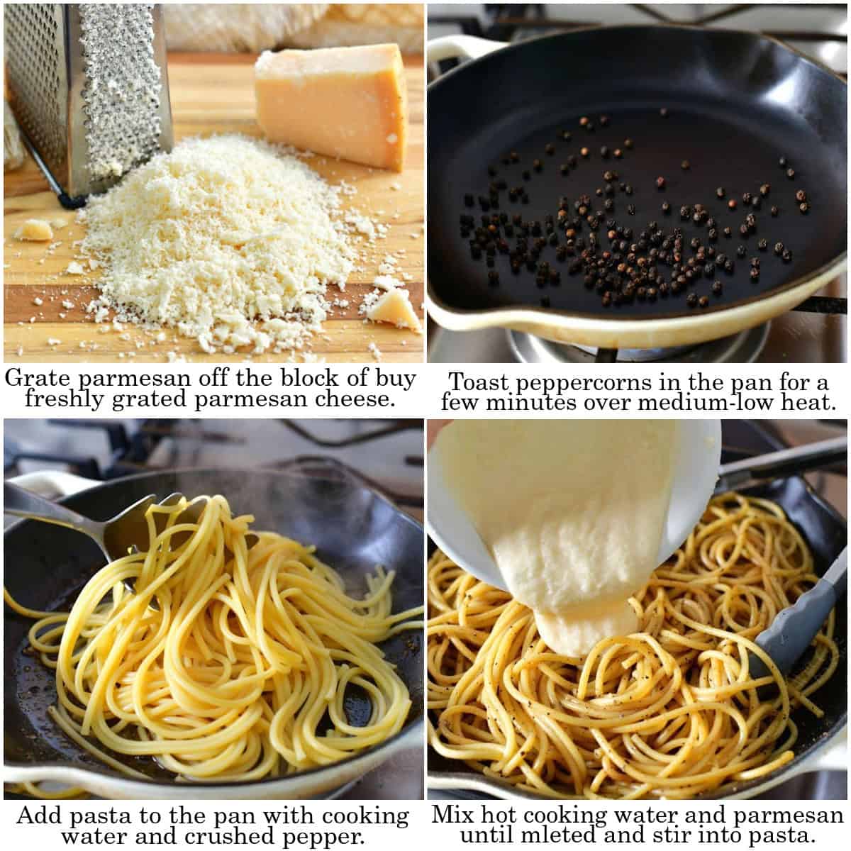 infographic of four images of steps to make the cacio e pepe pasta.
