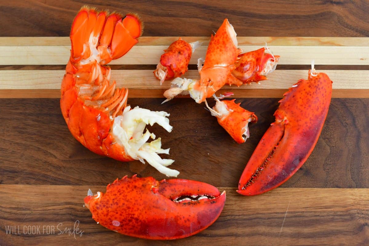 lobster pieces taken apart before taking the meat out of the shells.