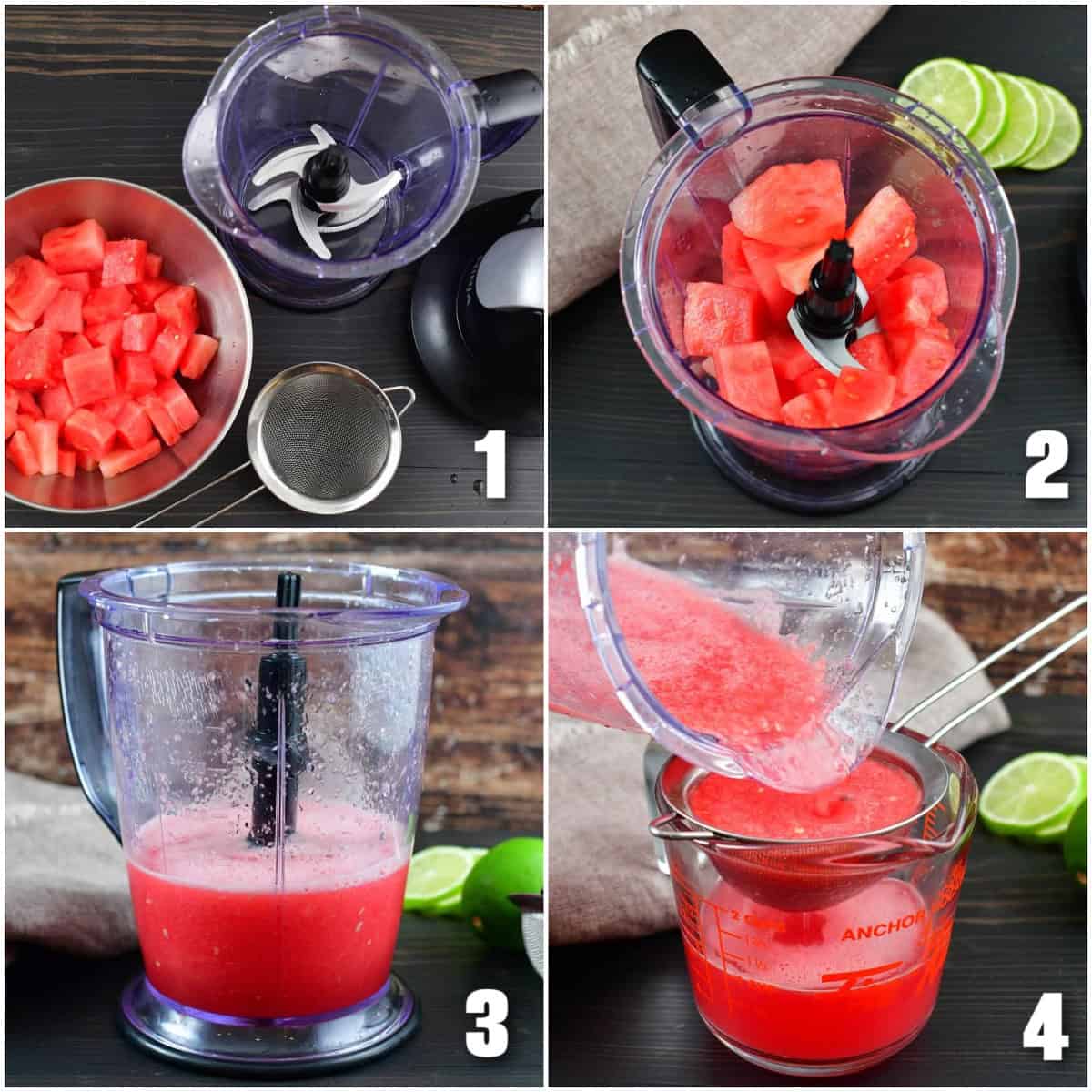 infographic of 4 images of how to make watermelon juice.