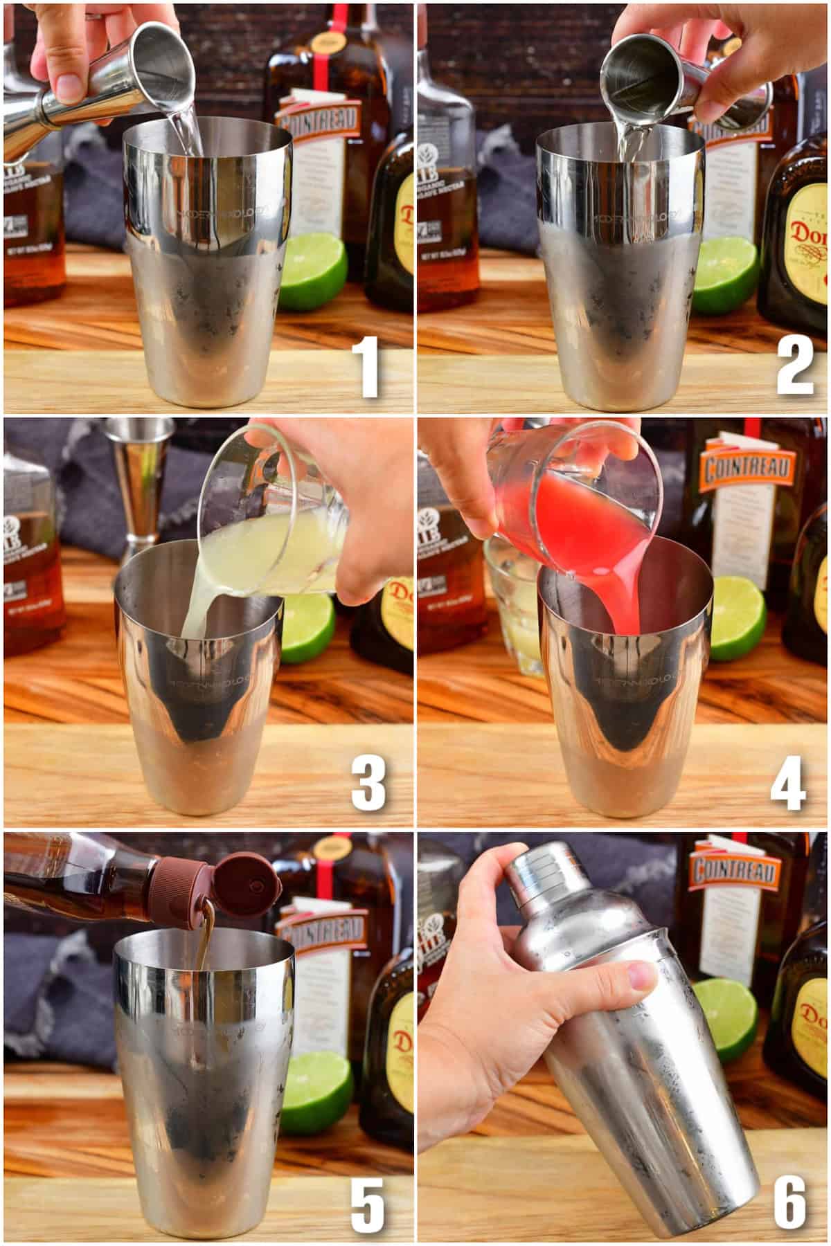 infographic of six images of how to make the watermelon margarita steps.
