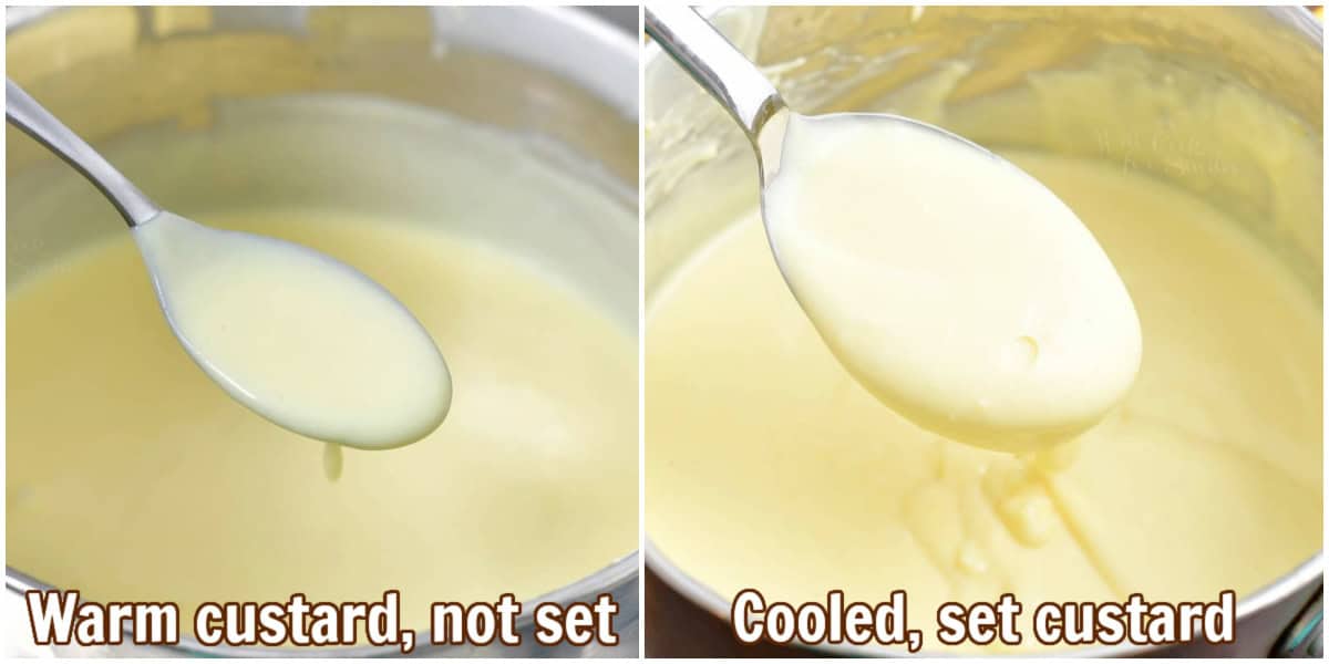 collage of two images that shows warm custard before it's set and cooled custard that is set.