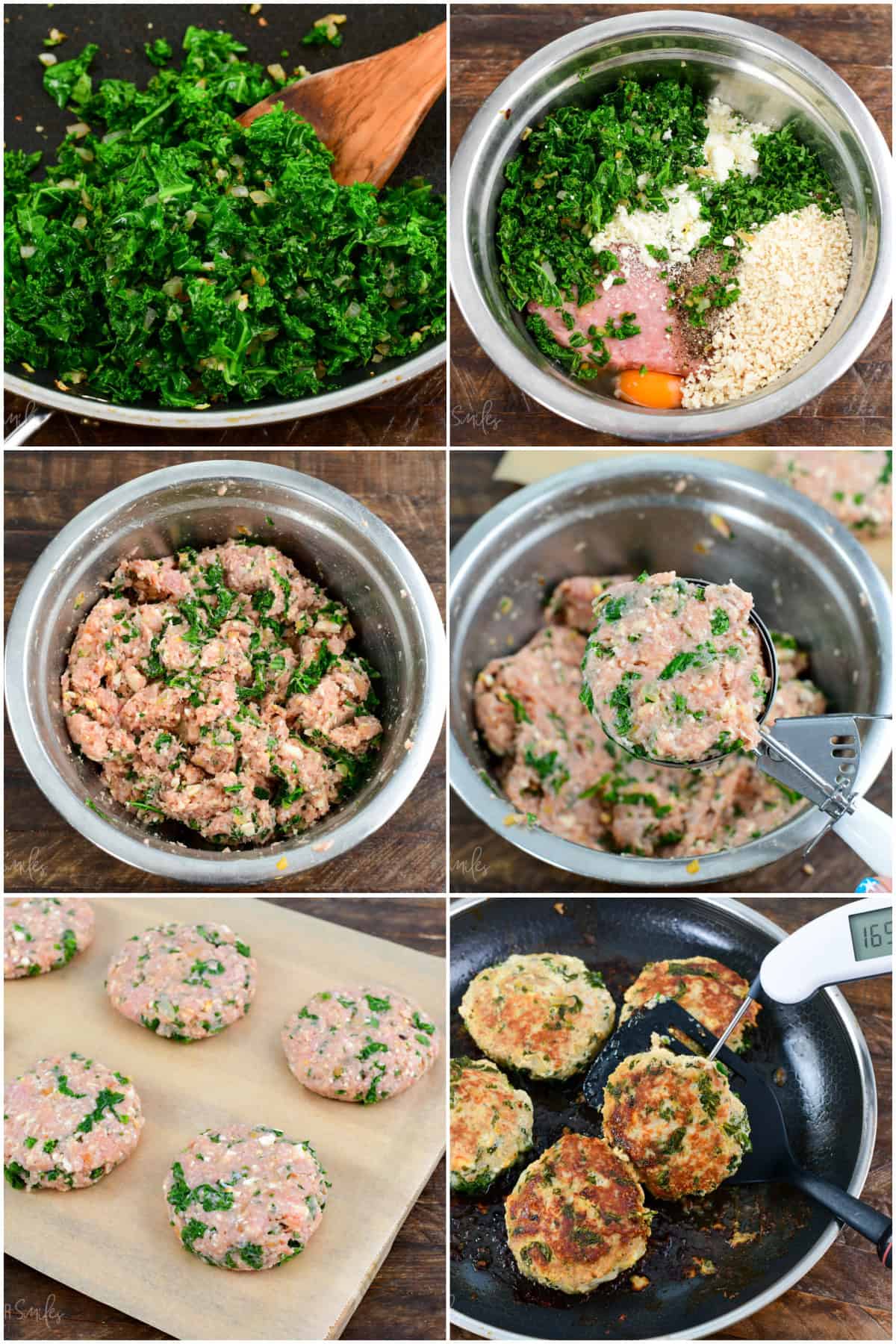 collage of six images of steps to make the kale and feta turkey burgers.