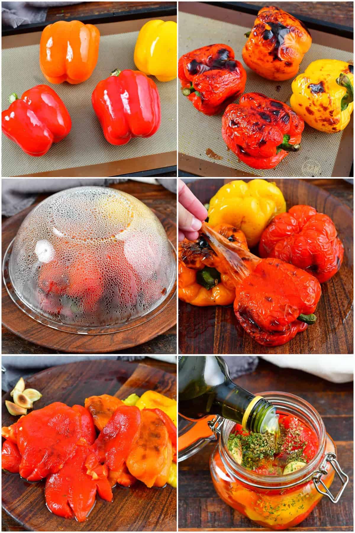 collage of six images of steps to roast steam and peel bell peppers.