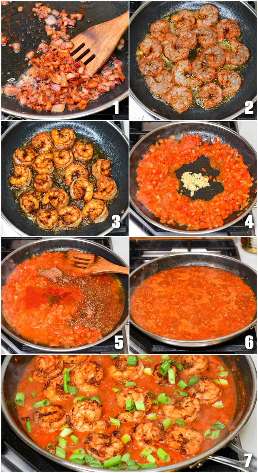 collage of seven photos of cooking Cajun shrimp and rice in a pan.