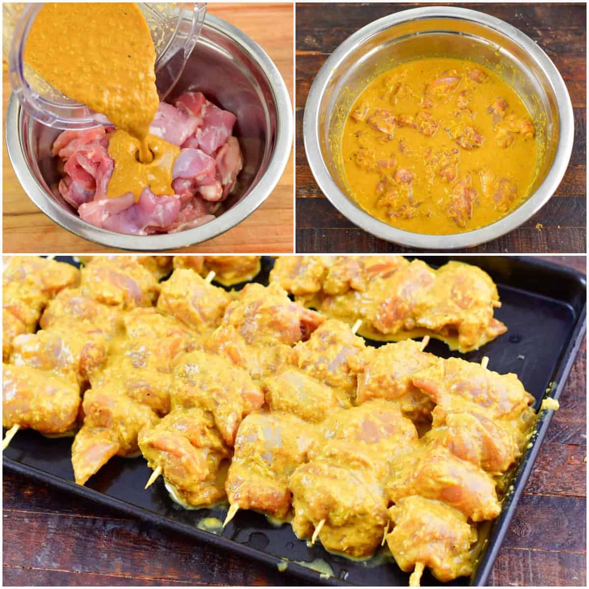 collage of three images of adding marinade to chicken and chicken on skewers.