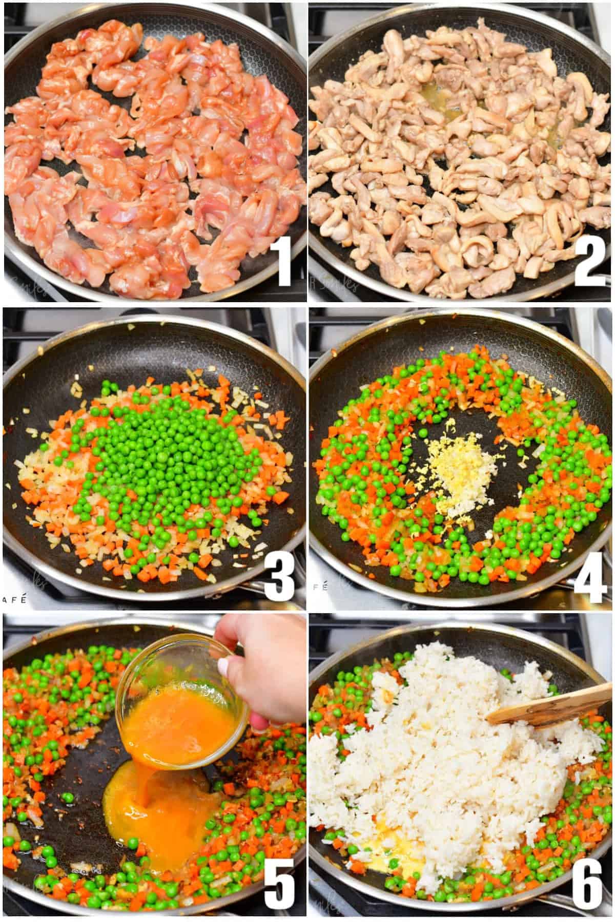 collage of six images of cooking steps to make chicken and veggies for chicken fried rice.