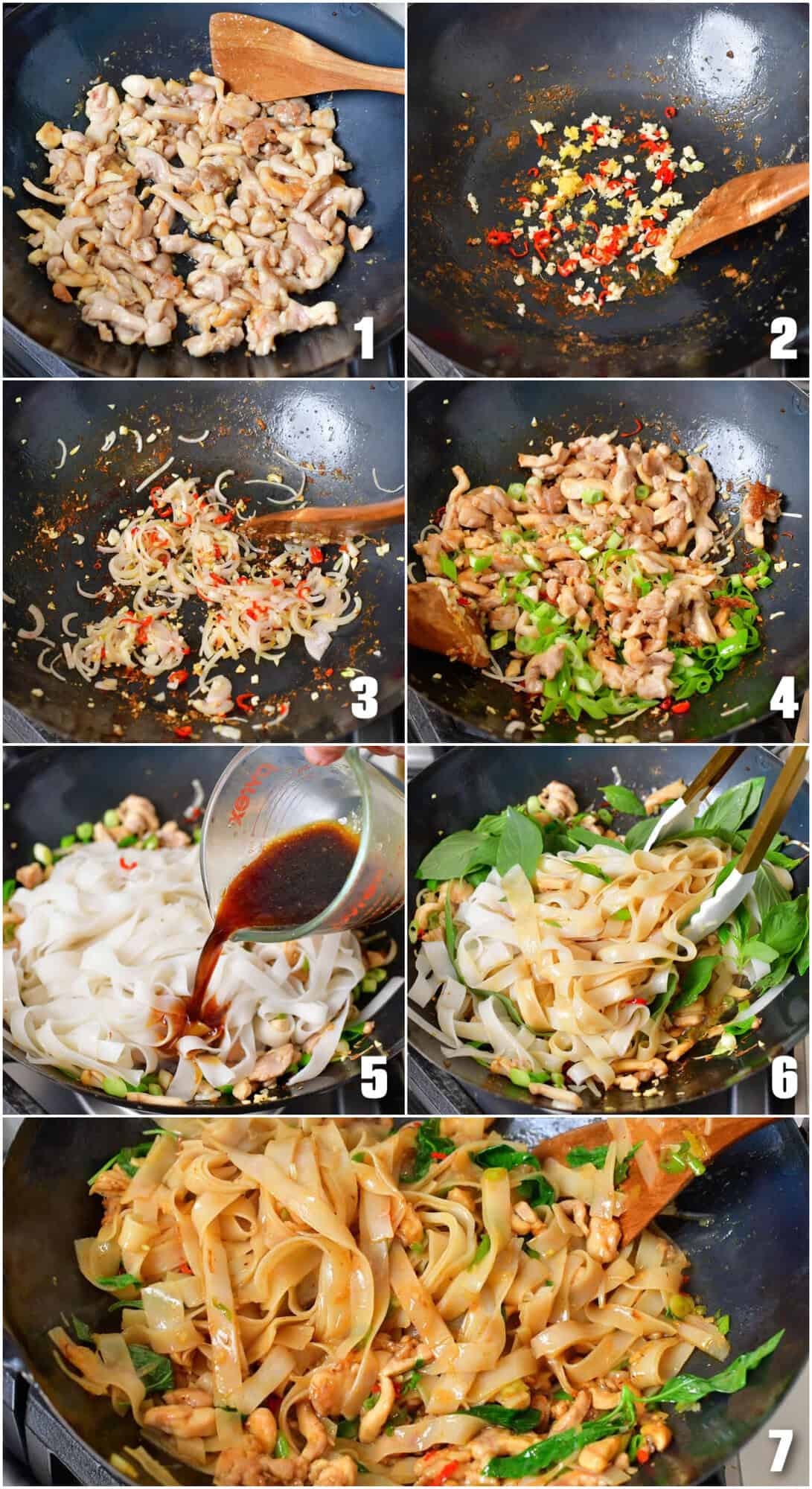 collage of seven images of cooking chicken, then veggies, and adding noodles and sauce to make drunken noodles.