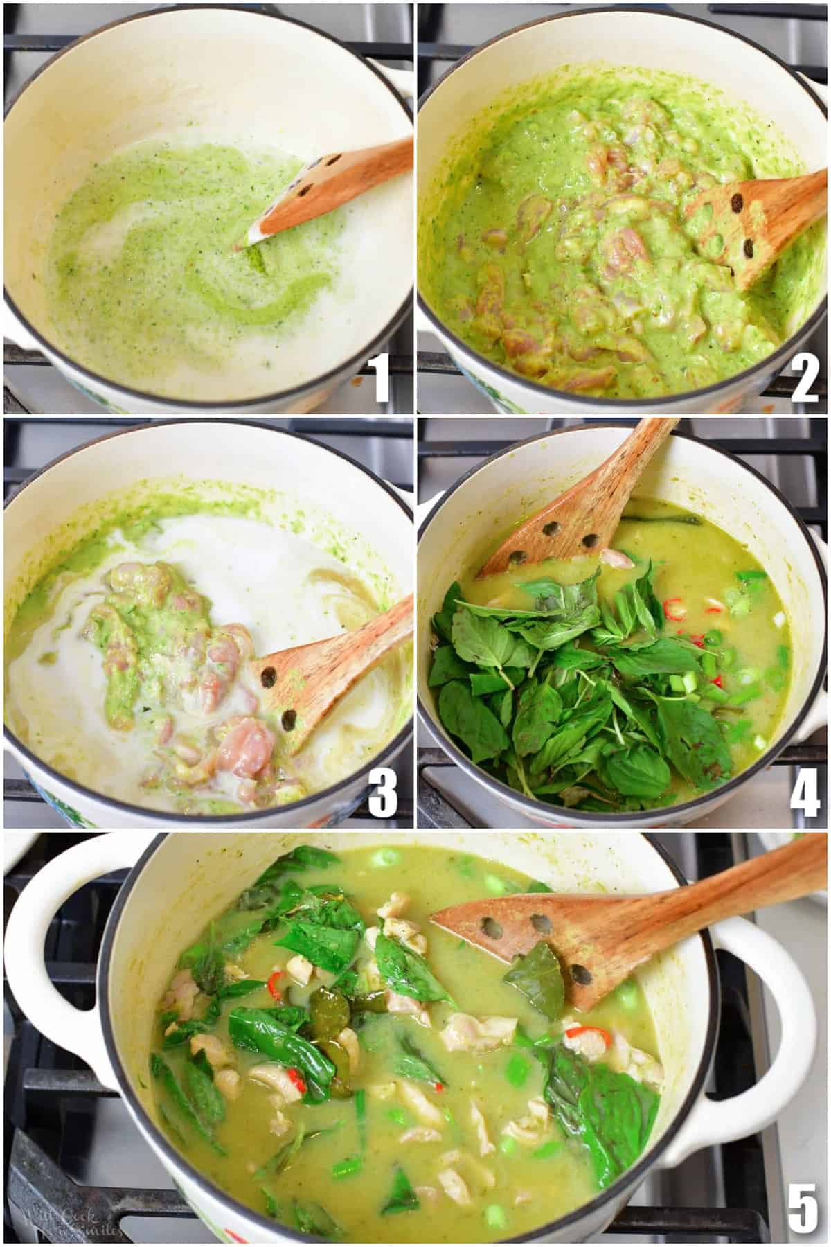 collage of five images of mixing green curry paste, coconut milk, chicken, and other ingredients to make Thai green curry.