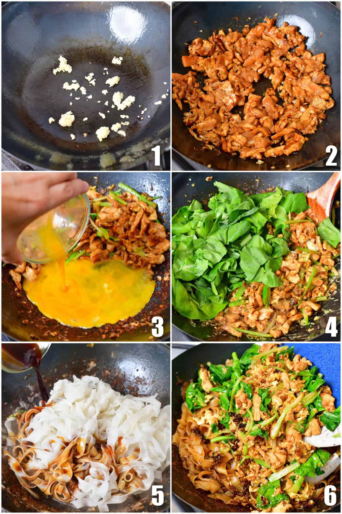 collage of six images of cooking steps to make chicken, vegetables, and noodles for Pad See Ew Thai noodles.
