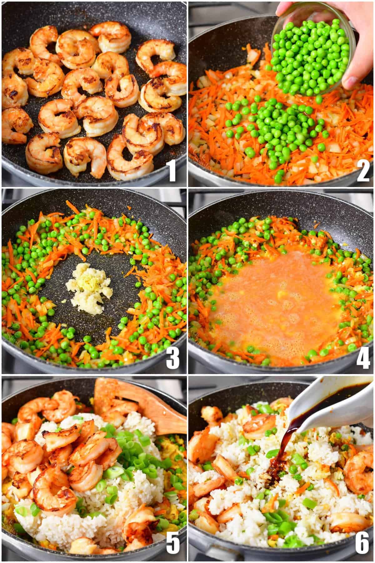 collage of six images of cooking steps to make veggies, rice, and sauce for shrimp fried rice.