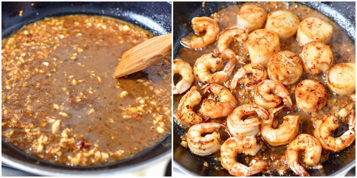 collage of two images of cooking the sauce in a skillet and adding the seafood into it.
