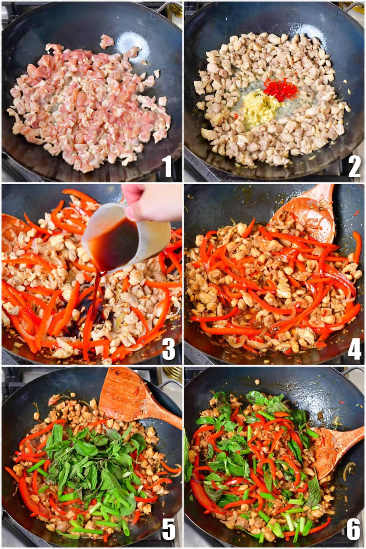 collage of six images of cooking diced chicken then veggies and the sauce and basil.