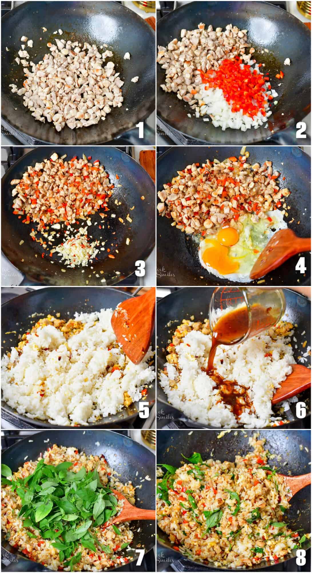 collage of 8 images of cooking chicken, veggies, and rice for Thai basil fried rice.