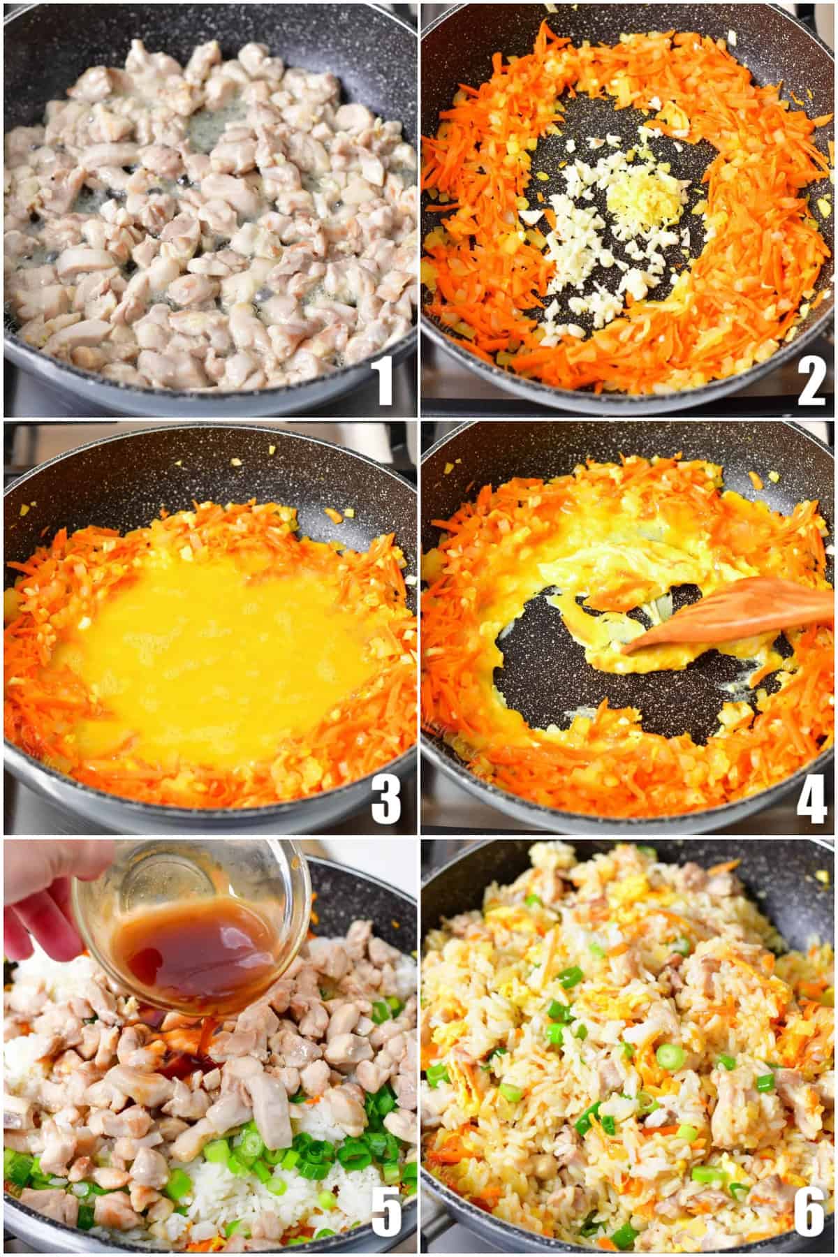 collage of six images of cooking steps to cook chicken, veggies, and rice to make Thai fried rice.
