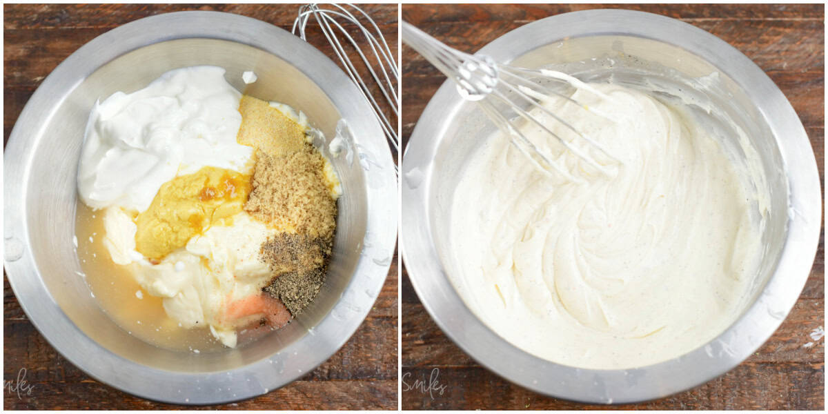 Collage of two images of steps to prepare macaroni salad dressing by mixing ingredients in a bowl.