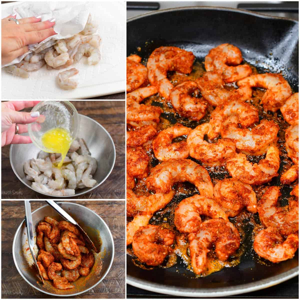 collage of four images of prep and cooking steps to make the blackened shrimp.