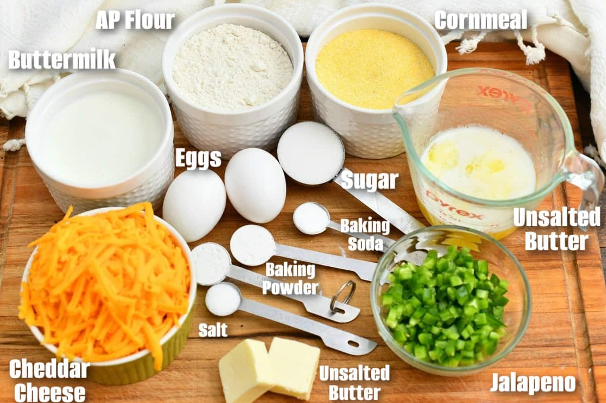 labeled ingredients in small prep bowls to make a cheesy jalapeno cornbread recipe.