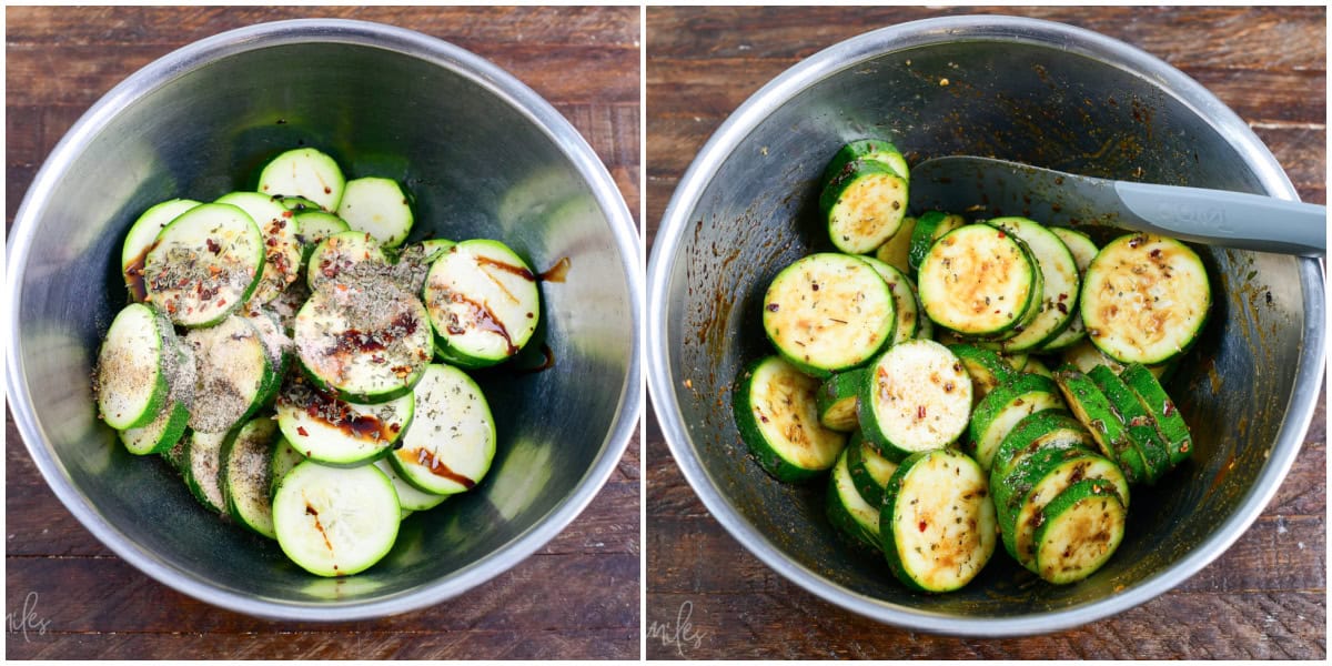 collage of two images of zucchini in a bowl with seasoning on top and stirred together.