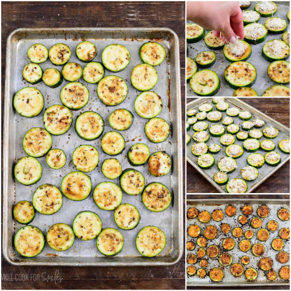collage of roasting zucchini on a baking sheet and adding parmesan cheese.