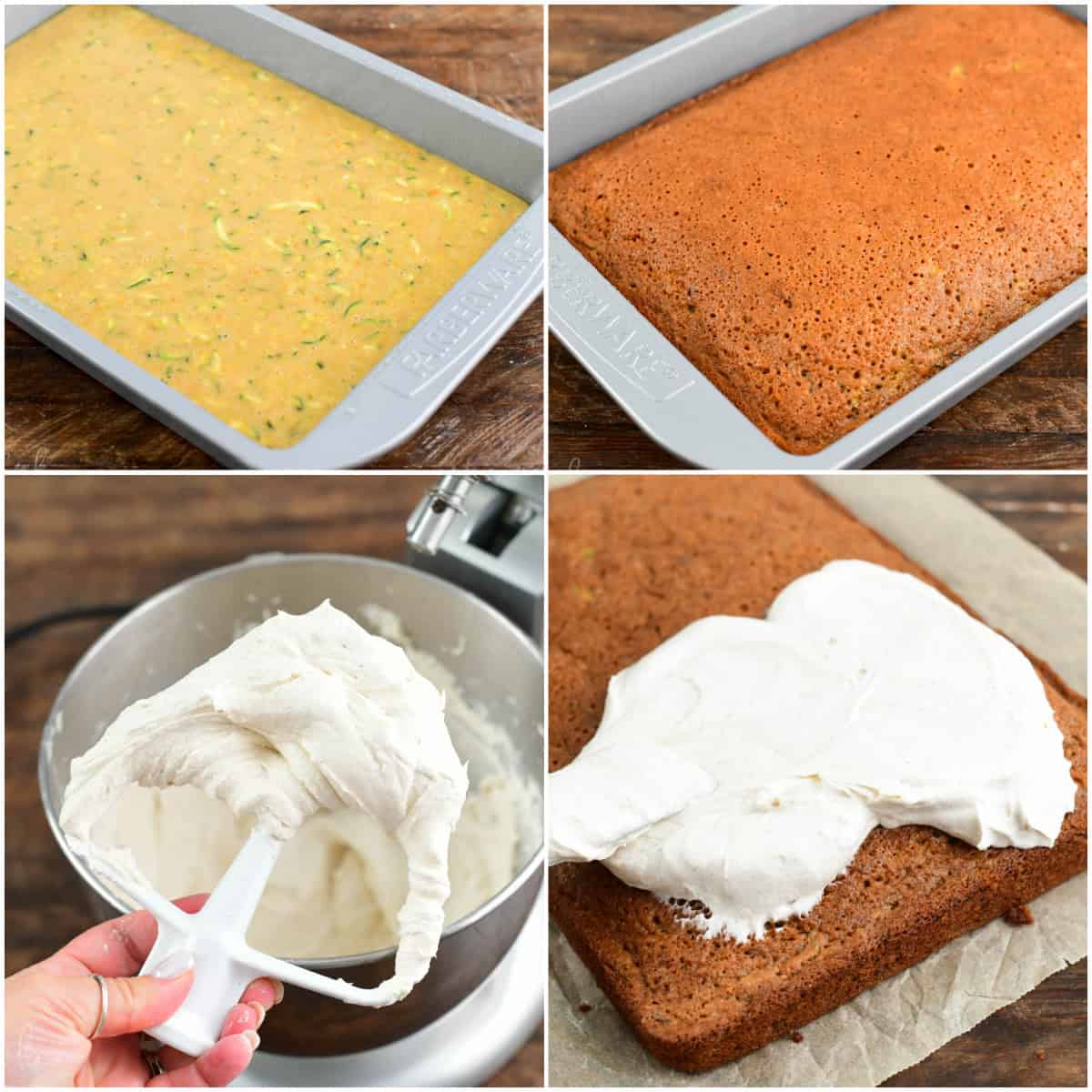 Collage of four images of cake before and after baking and adding frosting to cake.