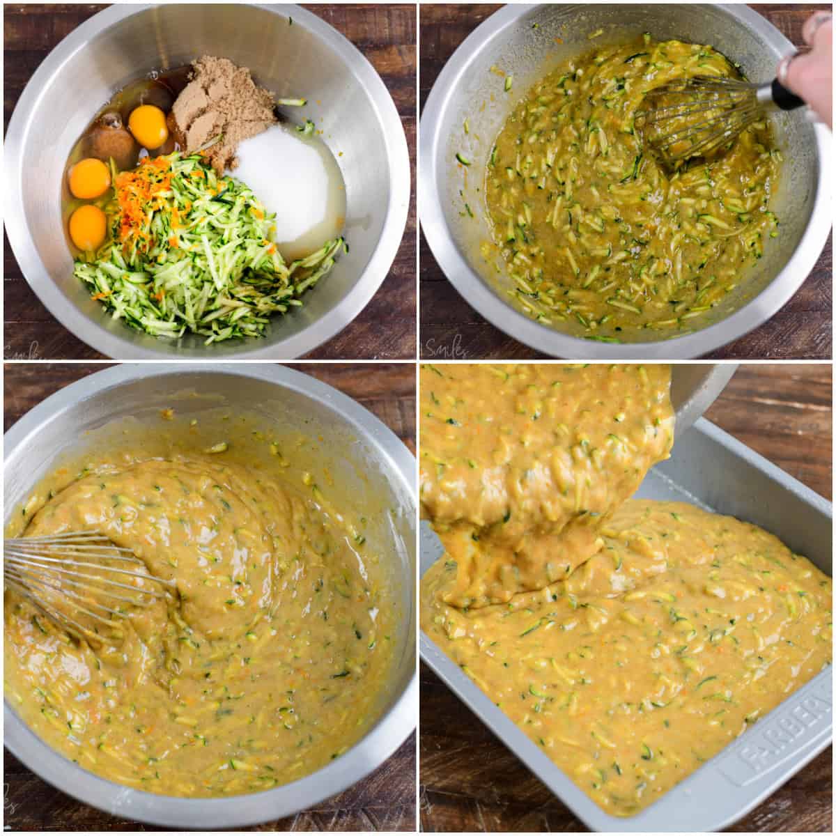 Collage of four images of making zucchini cake batter and pouring into cake pan.