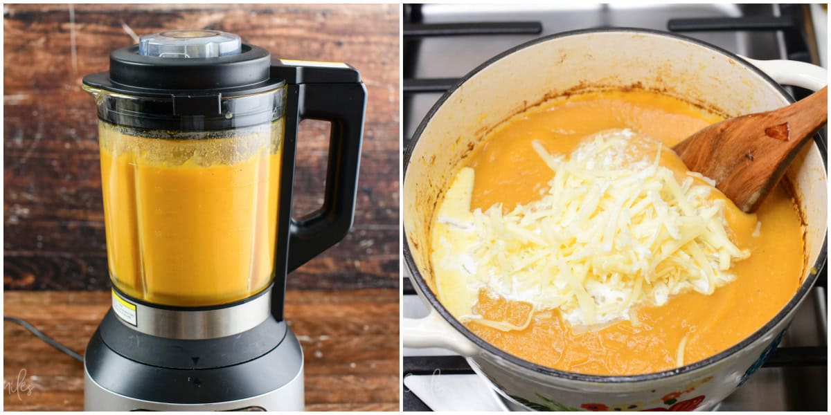 collage of two images of blending the soup and then adding cream and cheese.