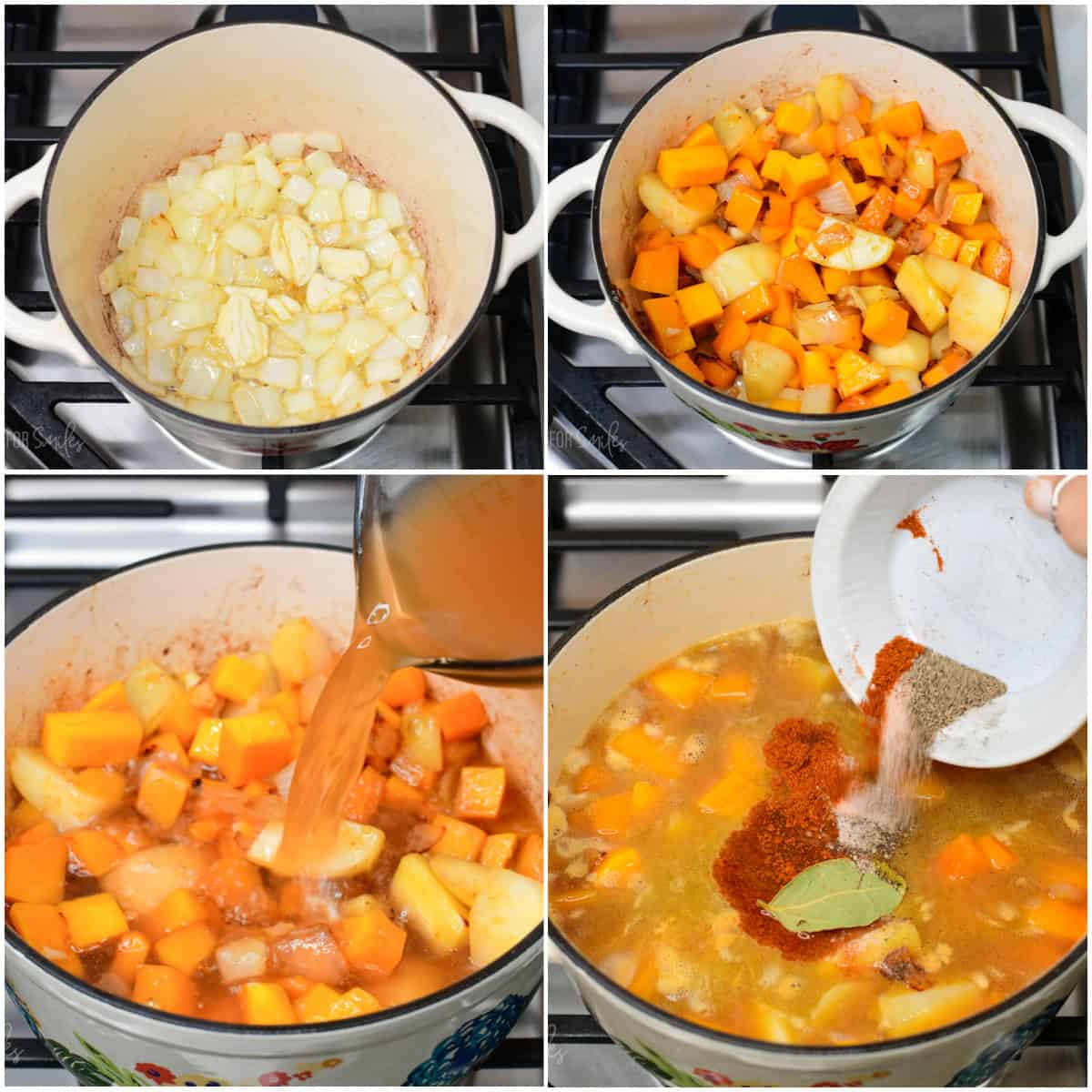 collage of four images of steps to cook vegetables for the butternut squash potato soup.