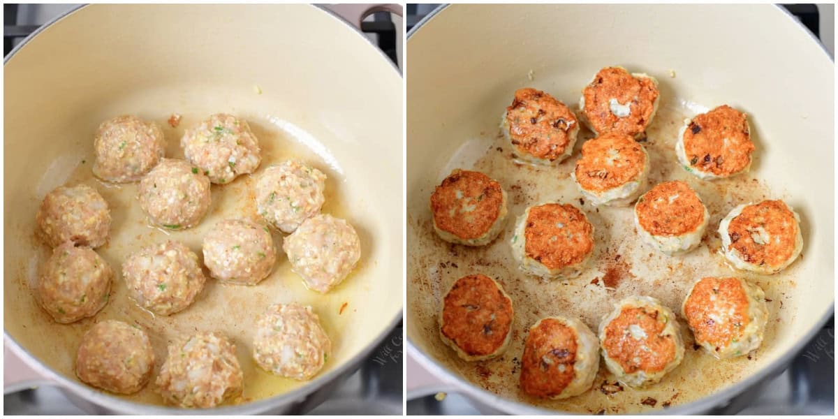 collage of two images of searing the meatballs in a pot for the soup.