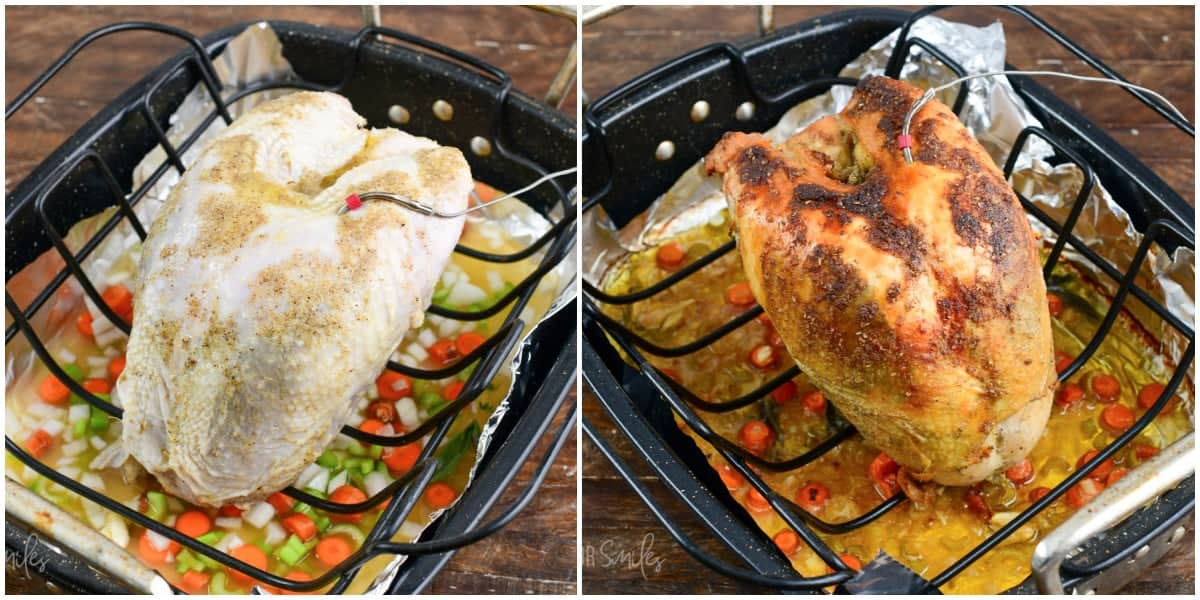 Collage of two images of roasted turjey breast before and after cooking.
