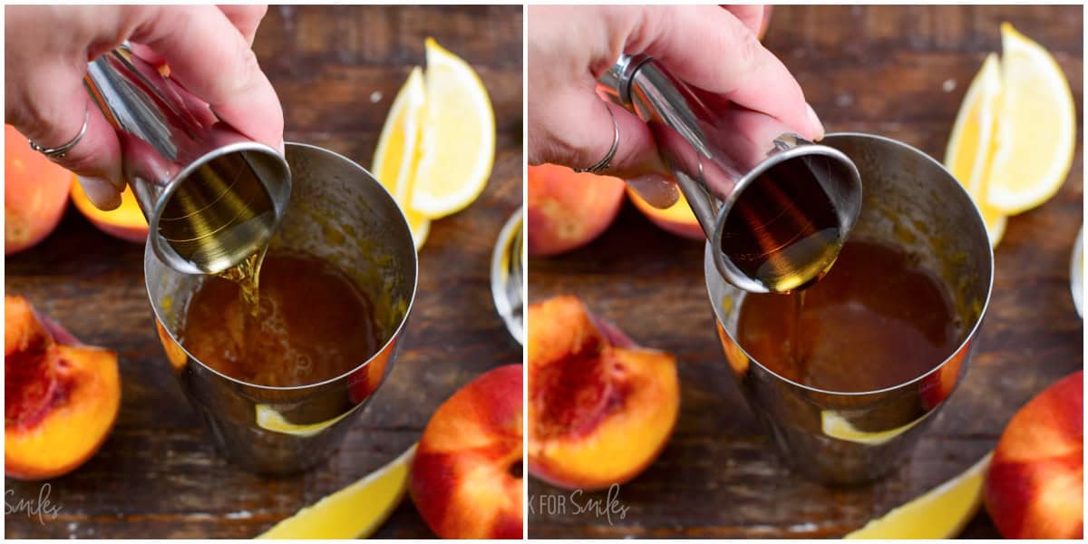 Collage of two images pouring bourbon and maple into the shaker.