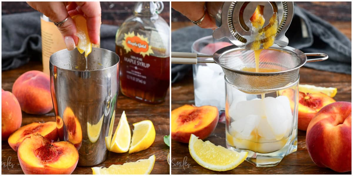 Collage of two images of squeezingthe juice from a lemon into the shaker and straining the shaker into a glass.