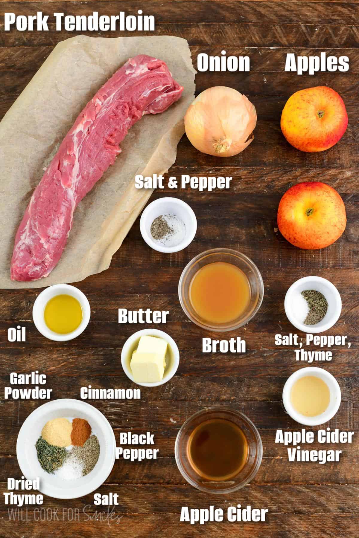 labeled ingreidents for Roasted Pork and Appleson a wood surface.