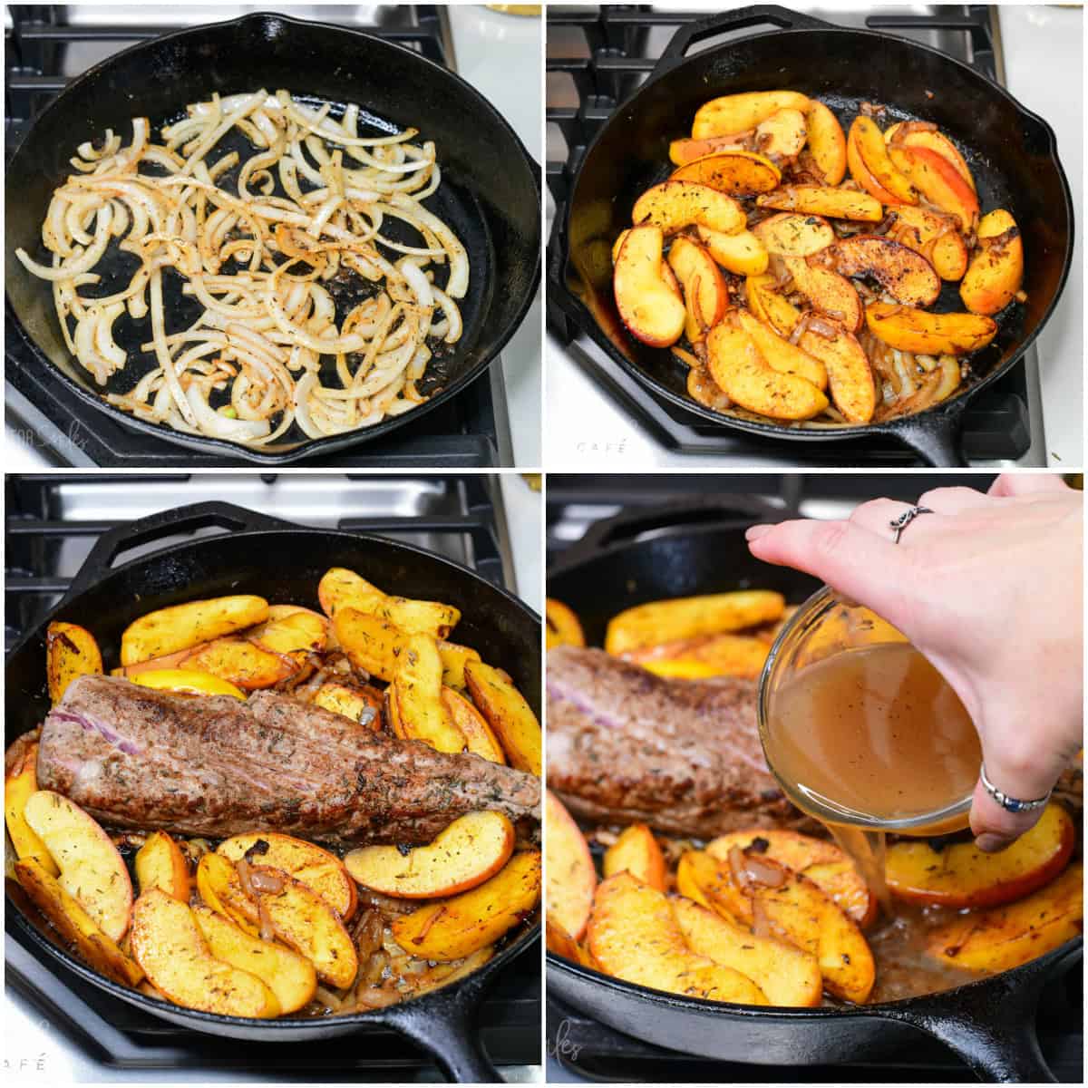 collage of four images cooking onions and apples a pouring the liquid into the pan.