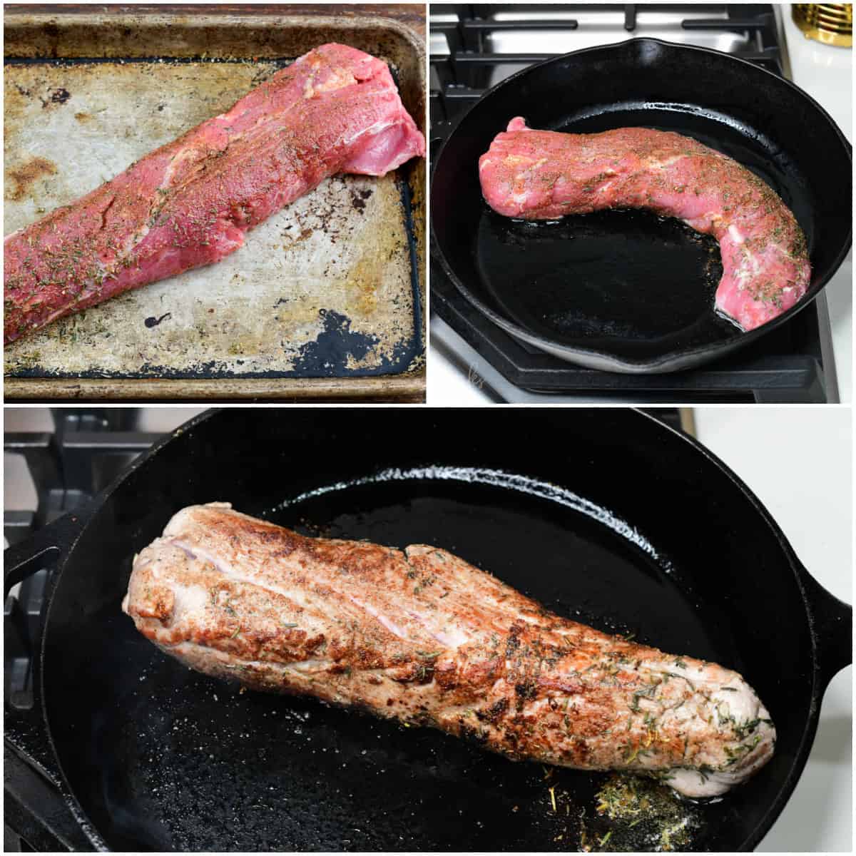 Collage of three images of searing pork in a cast iron skillet.