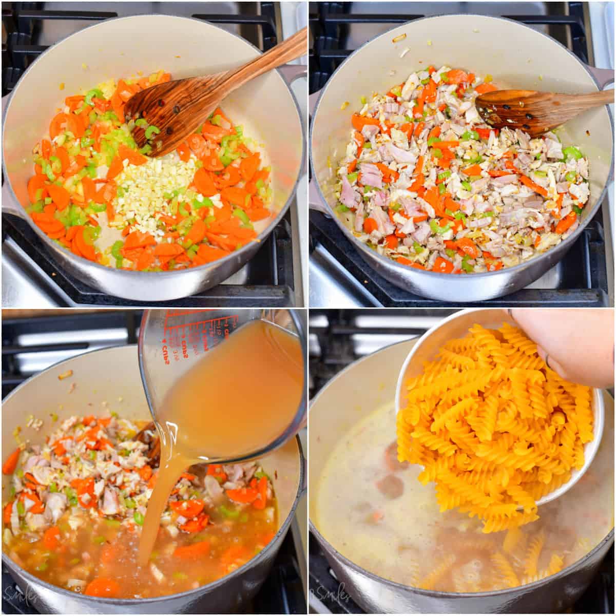 collage of four images of sautéing vegetables, adding leftover turkey, then rich homemade broth, and pasta.